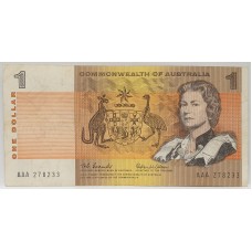 AUSTRALIA 1966 . ONE 1 DOLLAR BANKNOTE . COOMBS/WILSON . FIRST PREFIX AAA